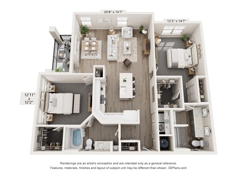Floor plan for 2 beds, 2 baths, 1347 sqft